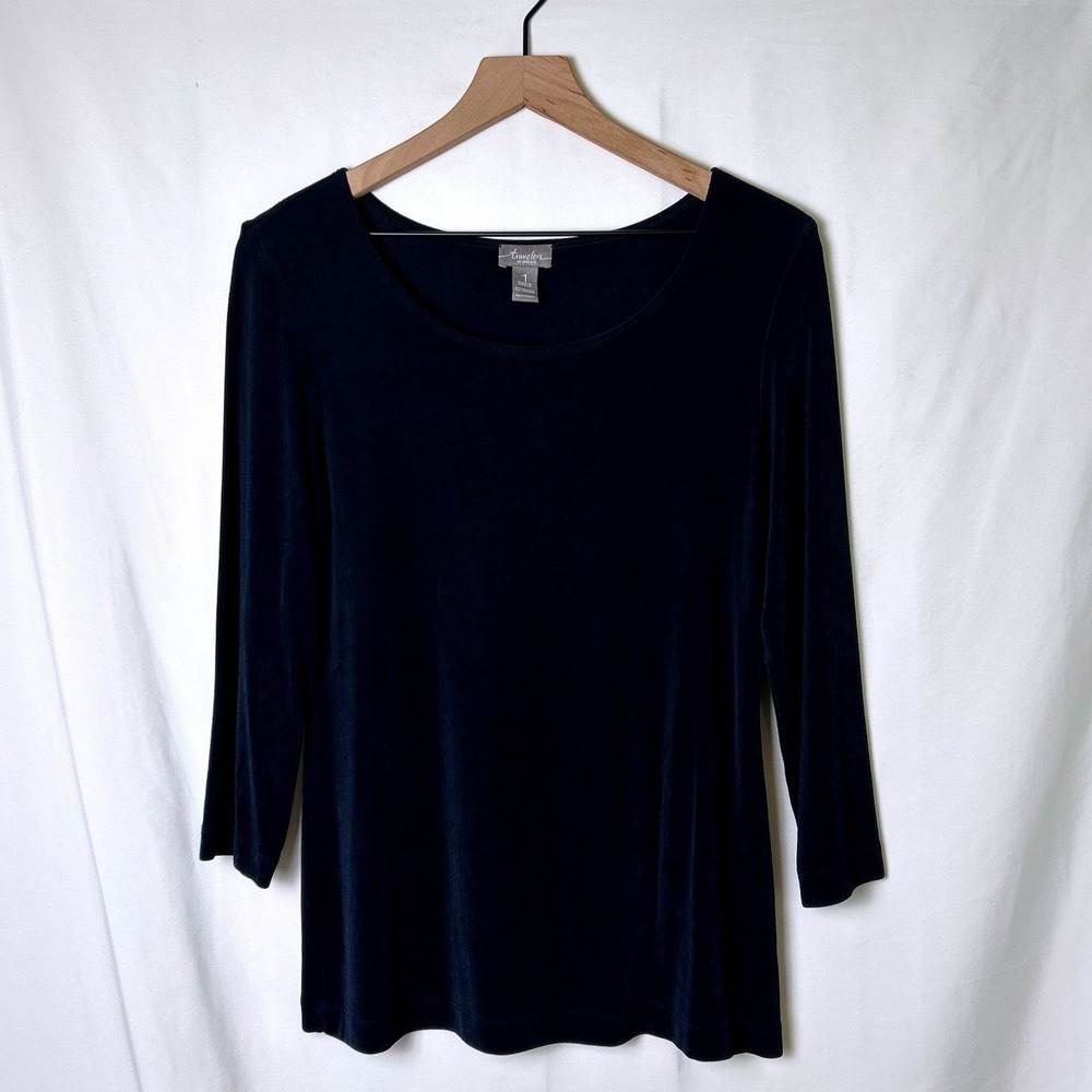 Chico's Womens Travelers 3/4 Sleeve Scoop Neck Top Size 1/M Navy Blue Minimalist